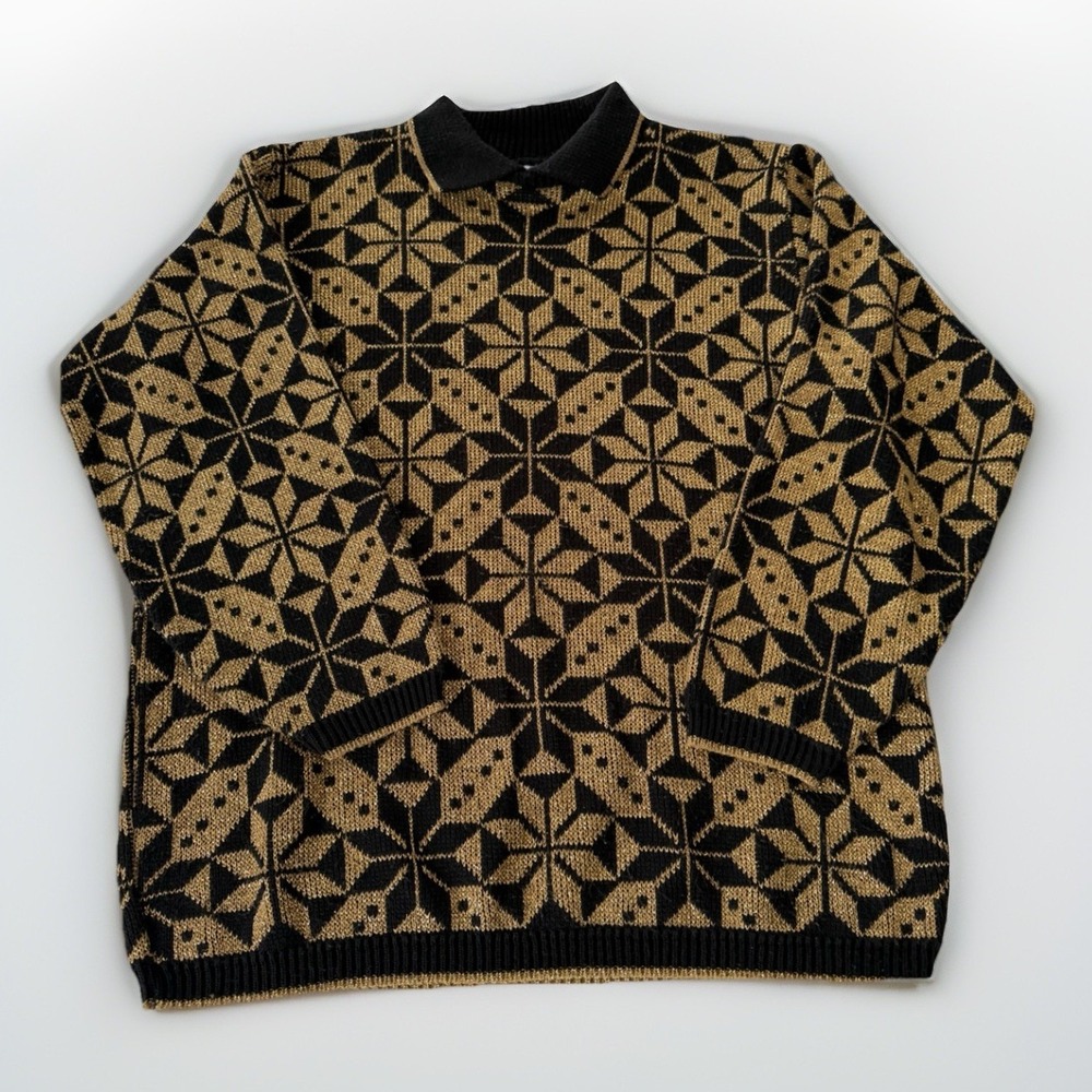 Vintage Alfred Dunner Women's Holiday Sweater‎ Med Black Gold Metallic Snowflake